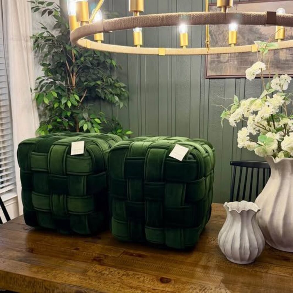 RARE Set of Two Square Woven Pouf Ottomans Green Velvet - Threshold
